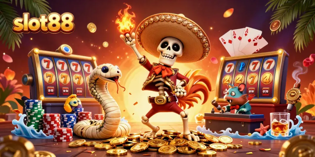 Memenangkan jackpot di slot88 dengan ilustrasi karakter kasino yang menarik dan warna yang cerah.