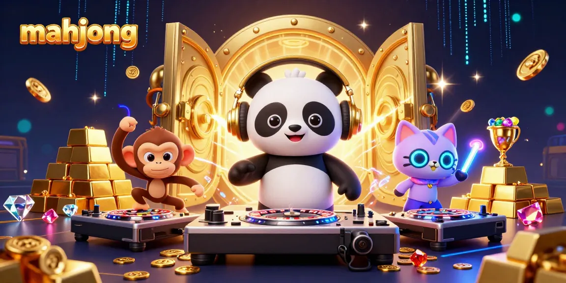 Mendapat jackpot mahjong dengan DJ panda dan karakter menarik di lingkungan kasino yang cerah.