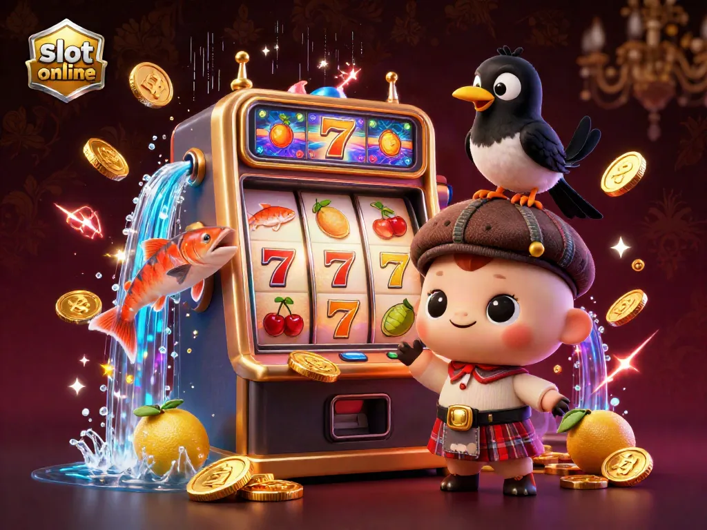 Spin and win with fun characters in this vibrant slot online scene filled with symbols and gold!
