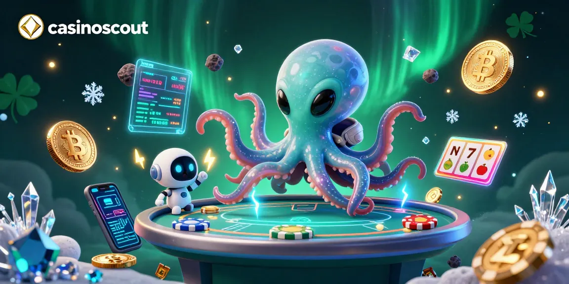 Engage with casinoscout's cosmic casino scene featuring a fun alien octopus and poker elements.
