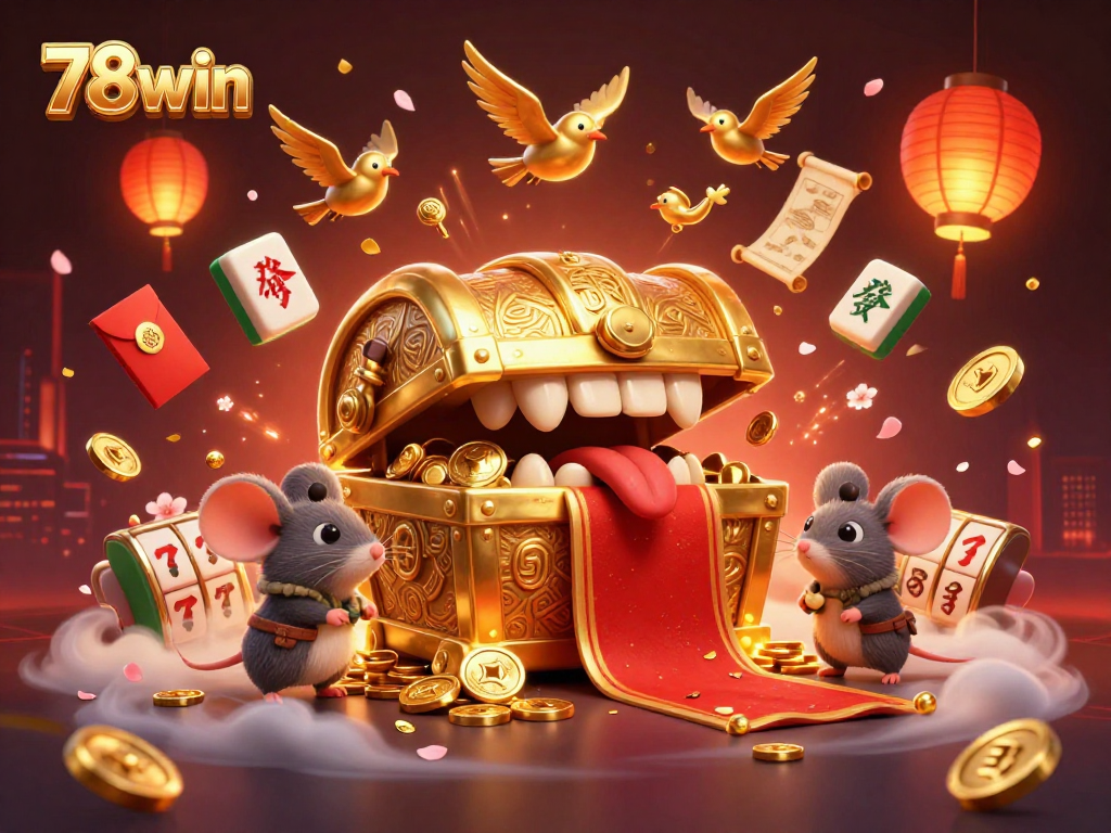 Engage in the excitement of 78win with a vibrant, action-packed casino illustration featuring treasure chests and dynamic gaming elements.