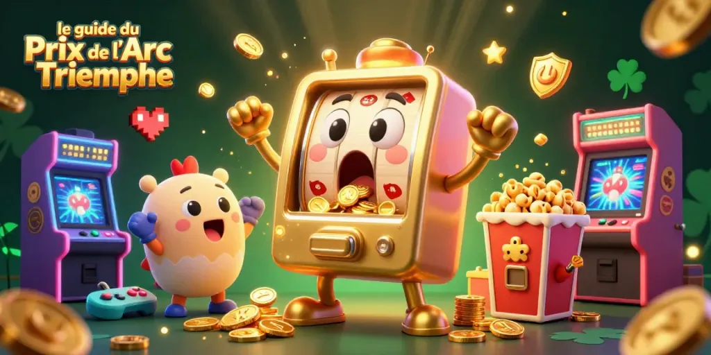 Le guide du Prix de l'Arc de Triomphe showcases a vibrant scene of animated slot machines hitting jackpots.