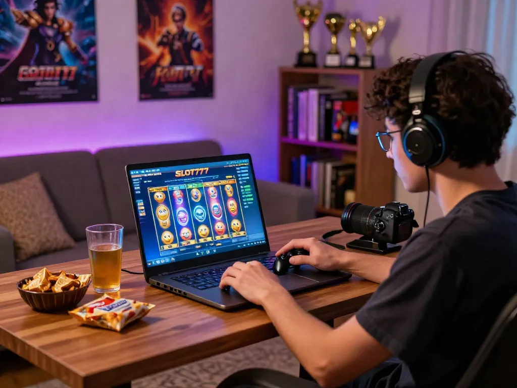 Engaging player enjoying slot gacor hari ini on laptop in inviting home setting.
