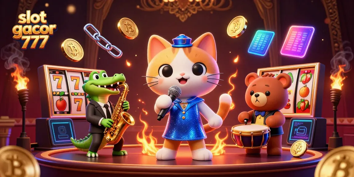 Menangkan jackpot dengan slot gacor 777, ilustrasi kasino penuh warna dengan karakter menarik.