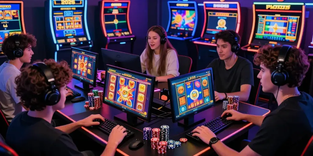 Exciting judi slot gaming scene with players using devices and colorful graphics.