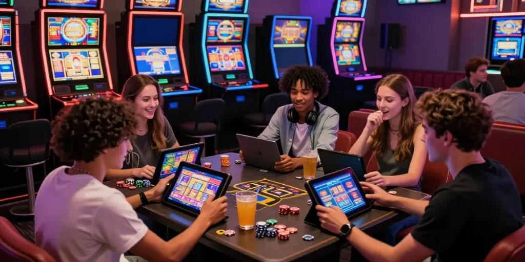Friends enjoying ทดลองสล็อต games in a vibrant gaming lounge with colorful machines.