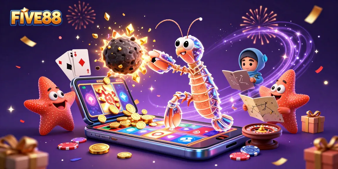 Engage in thrilling action with FIVE88 as a galactic samurai mantis shrimp bursts through an asteroid, showering golden coins.