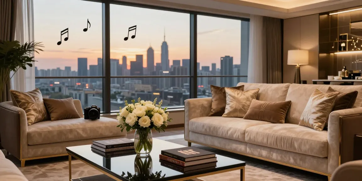 Interior elegan dengan sofa mewah dan pemandangan kota, luxury111.