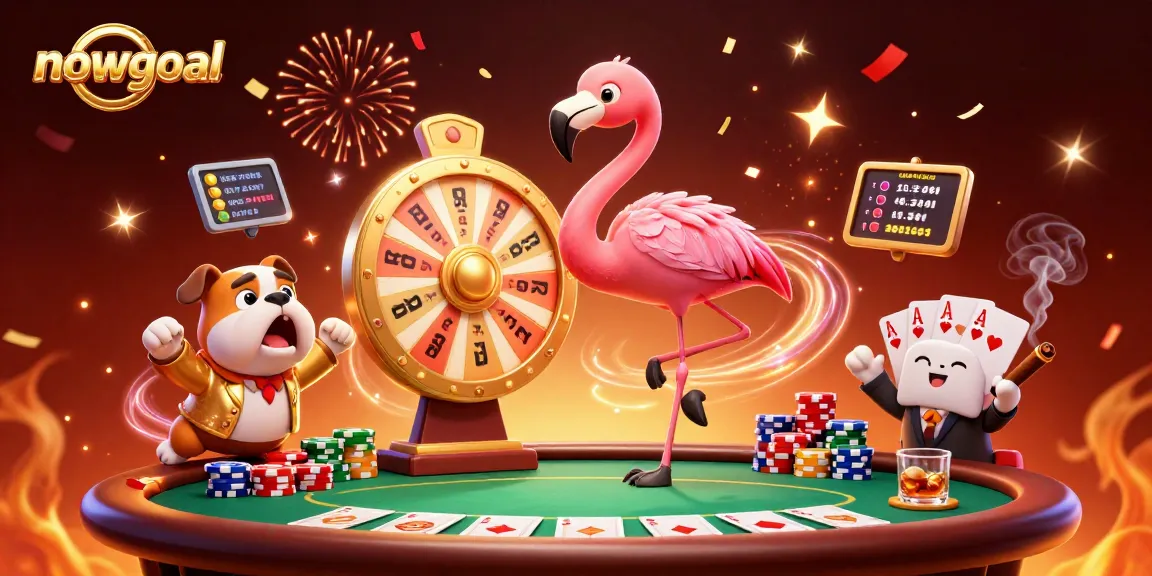 Engage with live betting on nowgoal while cartoon characters spin a prize wheel at a vibrant casino scene.
