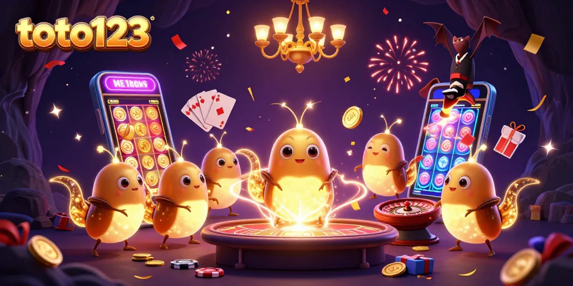 Experience the thrill of toto123 in a vibrant casino scene with glowworms and a bat dealer.