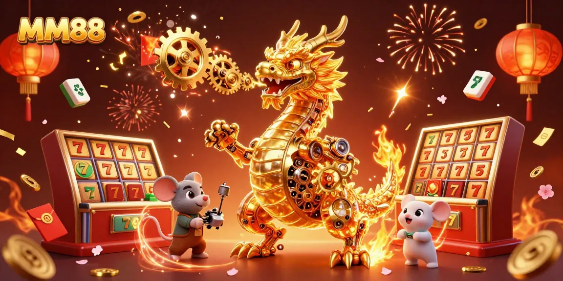 Experience the excitement of MM88 with a golden dragon and casino elements bursting into action.