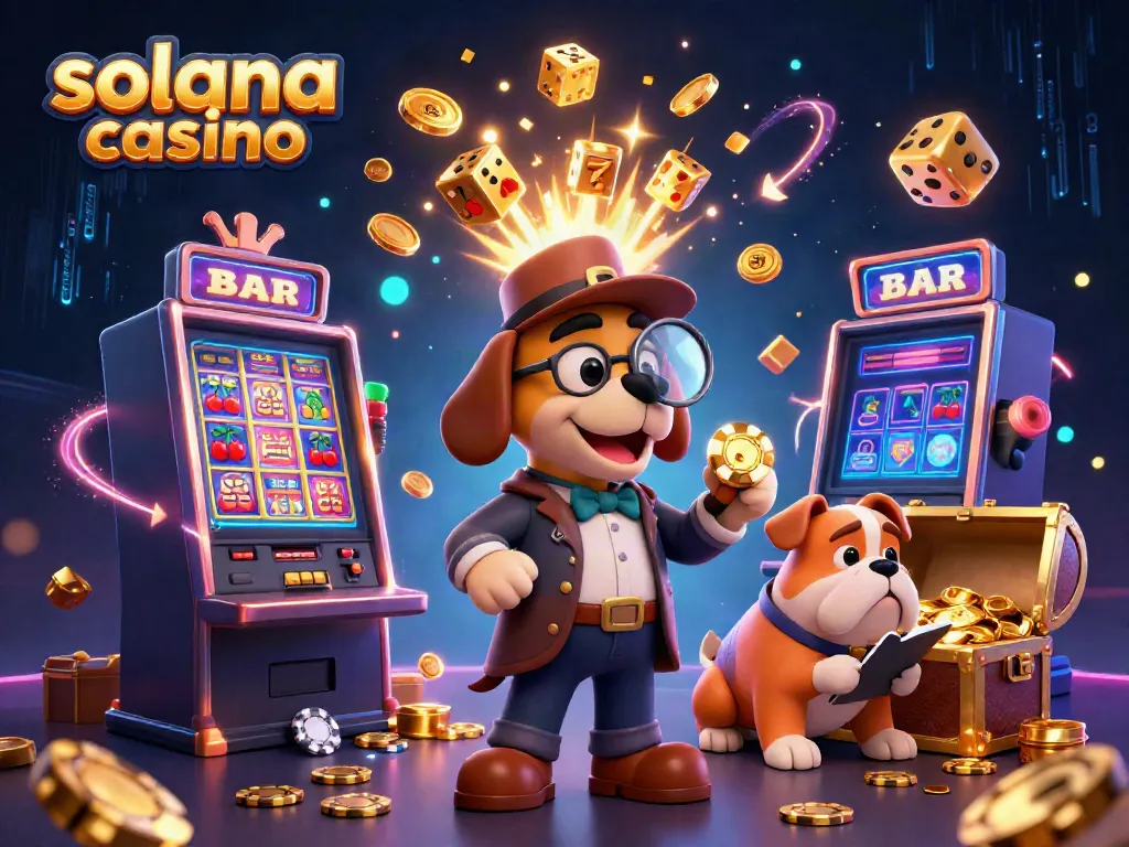 Experience the excitement of the solana casino with a detective uncovering poker clues amidst dazzling gaming elements.