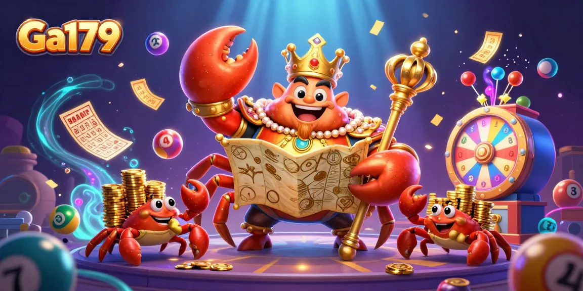 Ga179 showcases a massive golden crab emperor directing bets amid vibrant gaming elements.