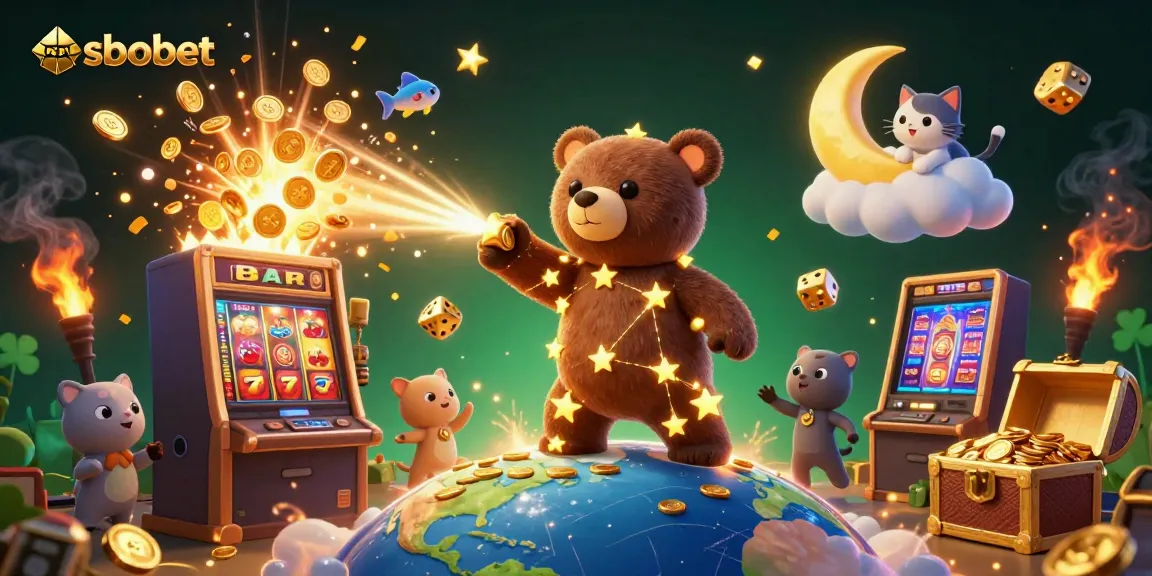 Experience sbobet's exciting world with a dazzling jackpot scene featuring a golden constellation bear and vibrant casino elements.