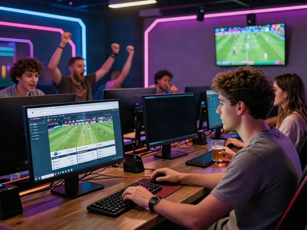 Dynamic UFABET online betting platform scene with users engaged in sports betting.