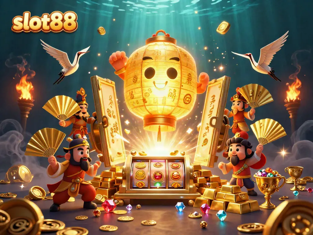Permainan slot88 dengan simbol keberuntungan di kasino cerah yang dikelilingi cahaya keemasan.