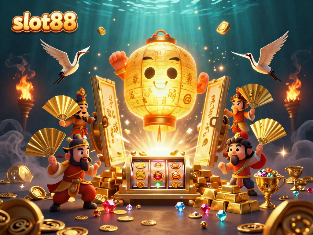 Permainan slot88 dengan simbol keberuntungan di kasino cerah yang dikelilingi cahaya keemasan.