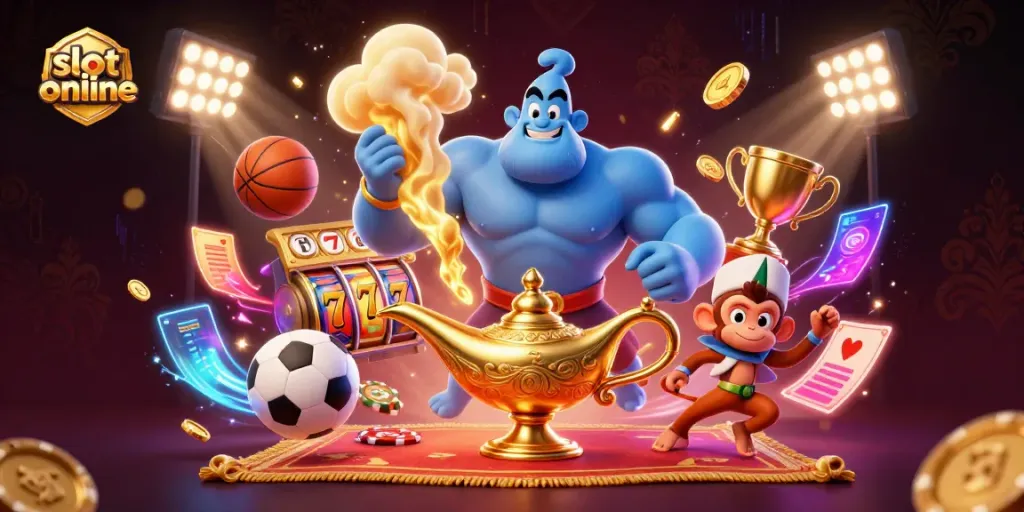Experience the excitement of slot online gaming with a dynamic 3D illustration featuring vivid characters and vibrant casino elements.