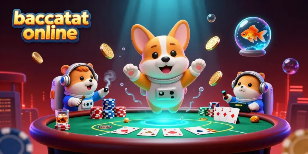 Experience baccarat online with a 3D astronaut corgi in a zero-gravity casino, showcasing vibrant floating casino elements.