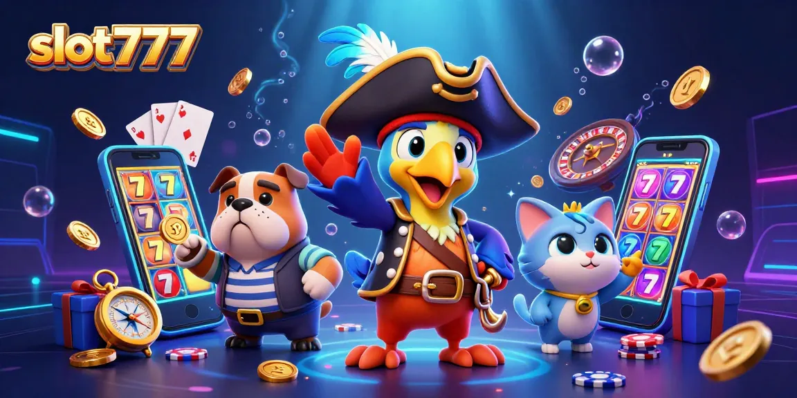 Engage with slot777 through vibrant 3D gaming visuals, featuring dynamic slot games, golden coins, and playful characters.