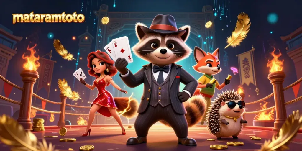Win big with mataramtoto as a raccoon and fox play cards in a vibrant casino atmosphere.