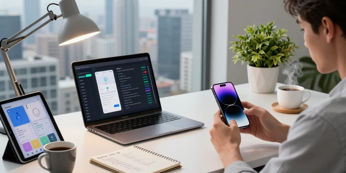 Testing the iPhone 17 features in a modern tech workspace with gadgets.