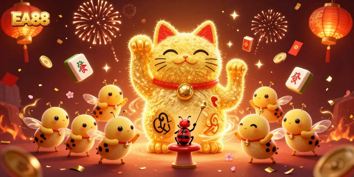 Win big with EA88 at this vibrant casino-themed digital illustration featuring a giant lucky cat.