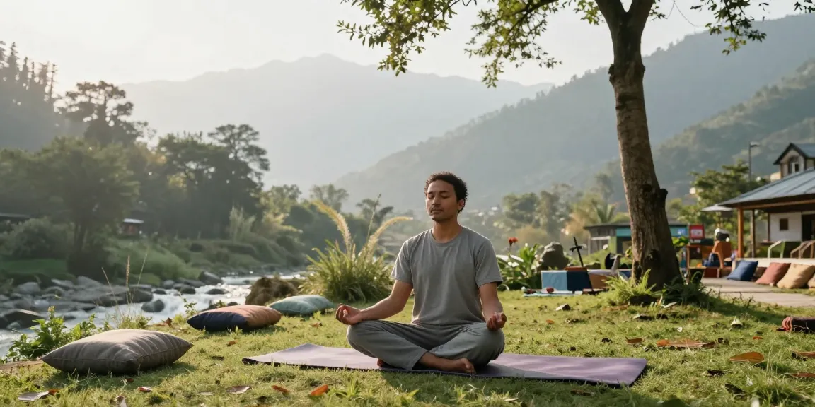 Morning meditation practice in a serene Rishikesh ashram surrounded by nature.
