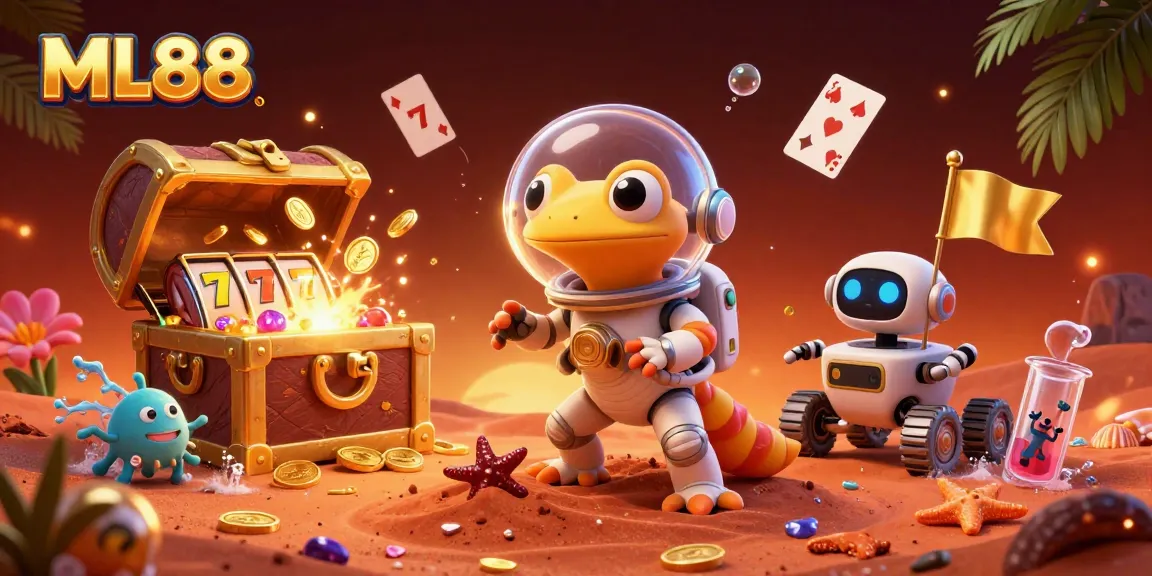 Engage with ML88's vibrant online casino experience featuring a Martian gecko amidst treasures.