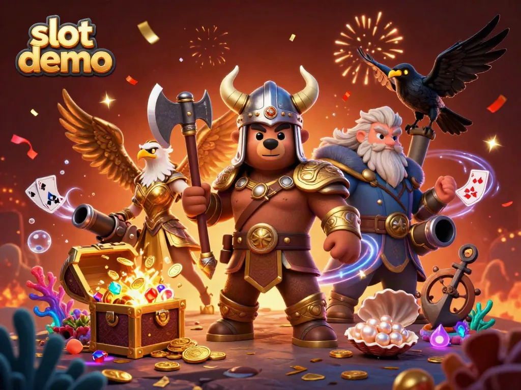 Gameplay menarik slot demo dengan karakter Viking dan elemen permainan kasino di latar belakang.