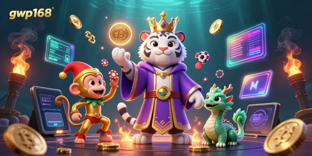 GWP168 menghadirkan ilustrasi kasino 3D dengan harimau dan monyet, dalam suasana meriah.