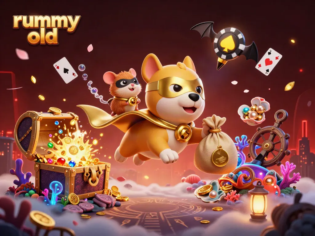 Rummy Old dan fitur permainan rummy dalam ilustrasi 3D yang dinamis dan penuh warna.