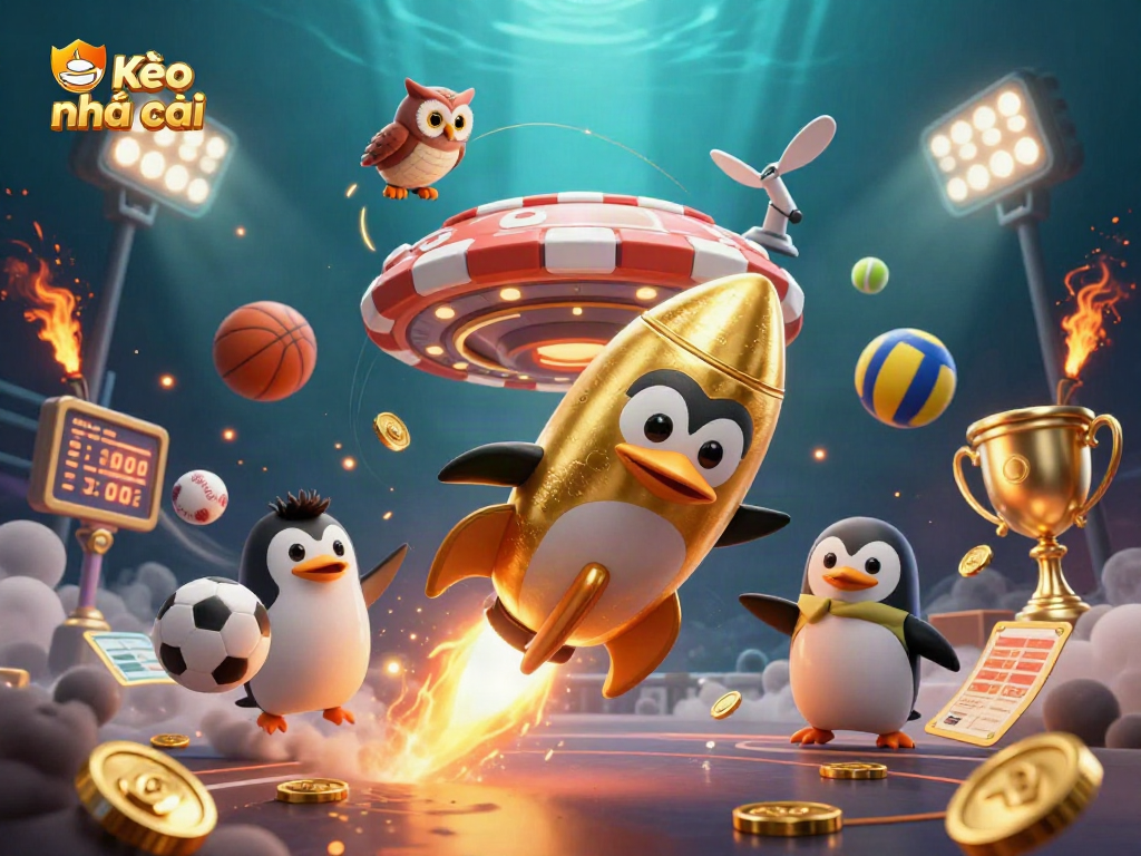 Kèo nhà cái: A golden penguin zooms toward a casino satellite, surrounded by sports elements and golden coins.