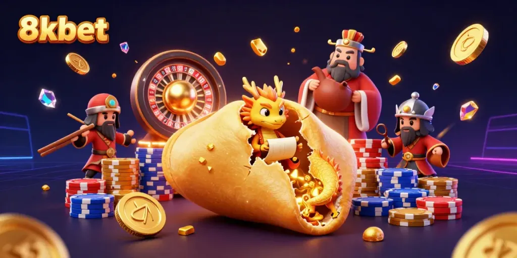 Interact with winning fortunes at 8xbet, showcasing golden treasures and thrilling casino elements.