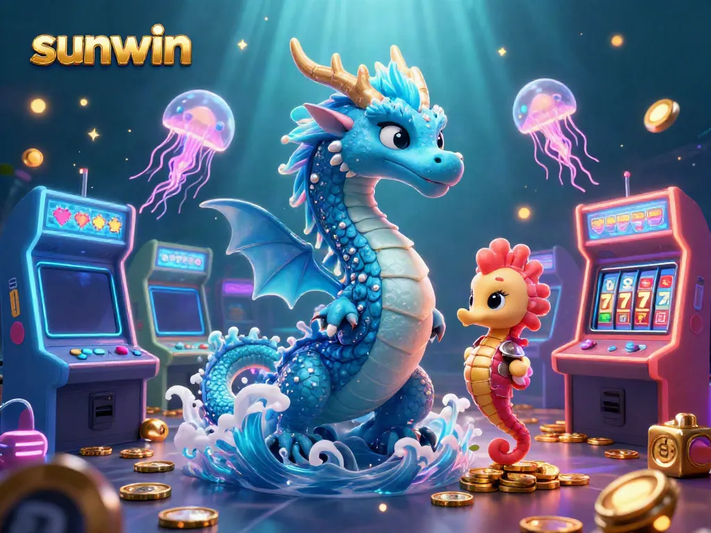 Engage with sunwin's vibrant gaming experience featuring a majestic dragon, seahorse knight, and neon jellyfish.