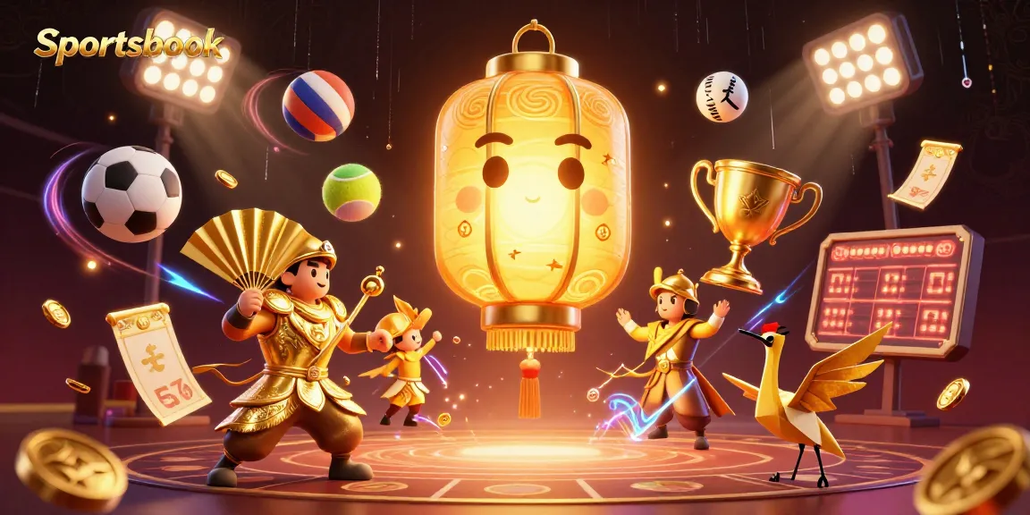 Taruhan olahraga terlaris di Sportsbook menampilkan elemen dinamis dari bola olahraga dan simbol keberuntungan.