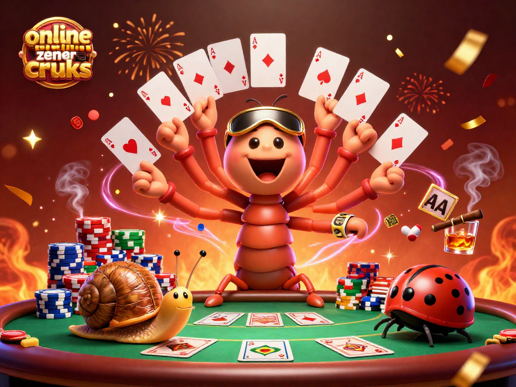 Gambarkan dealer kasino 3D dengan karakter unik di online casino tanpa cruks, mengelilingi tumpukan chip besar dan kartu poker.