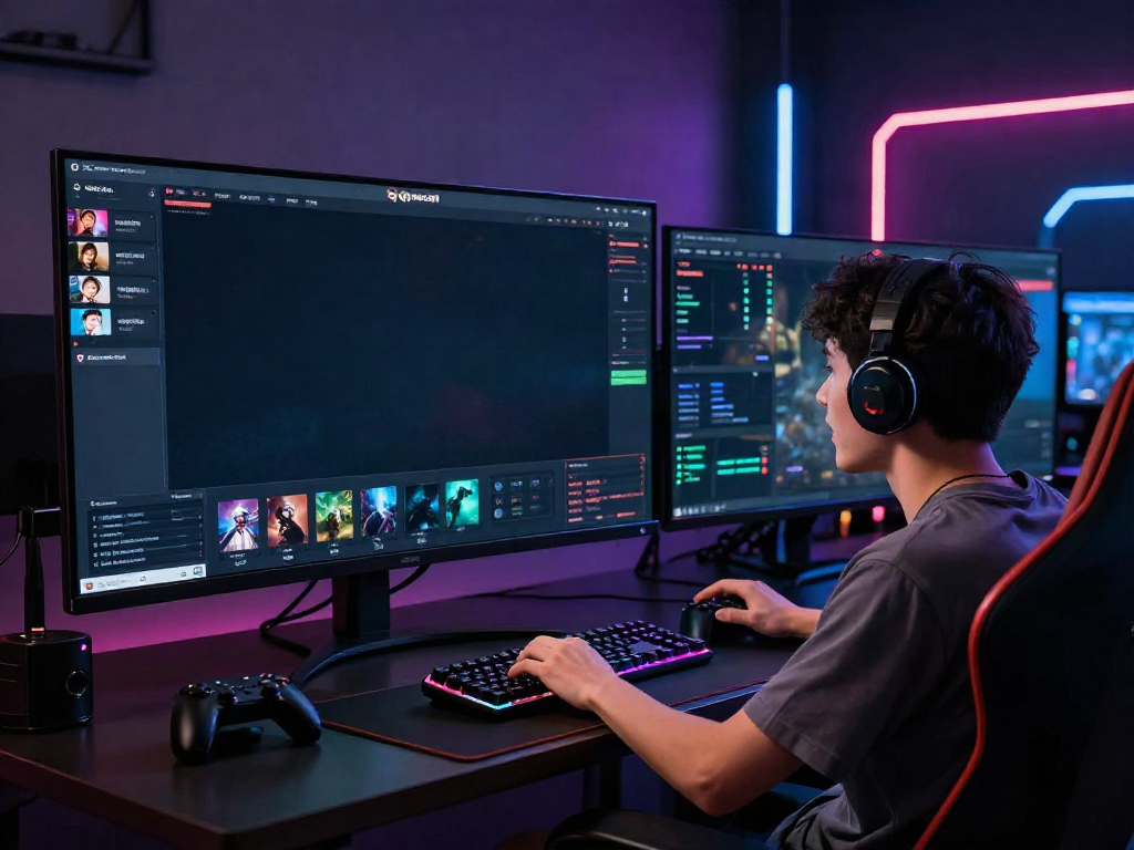 Player engaging with qqmacan on a high-quality gaming platform screen in a vibrant gaming setup.