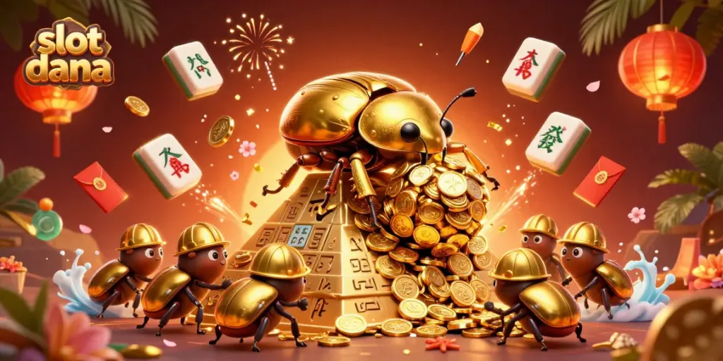 Menghasilkan kemenangan di slot dana dengan ilustrasi kasino yang meriah dan simbol keberuntungan