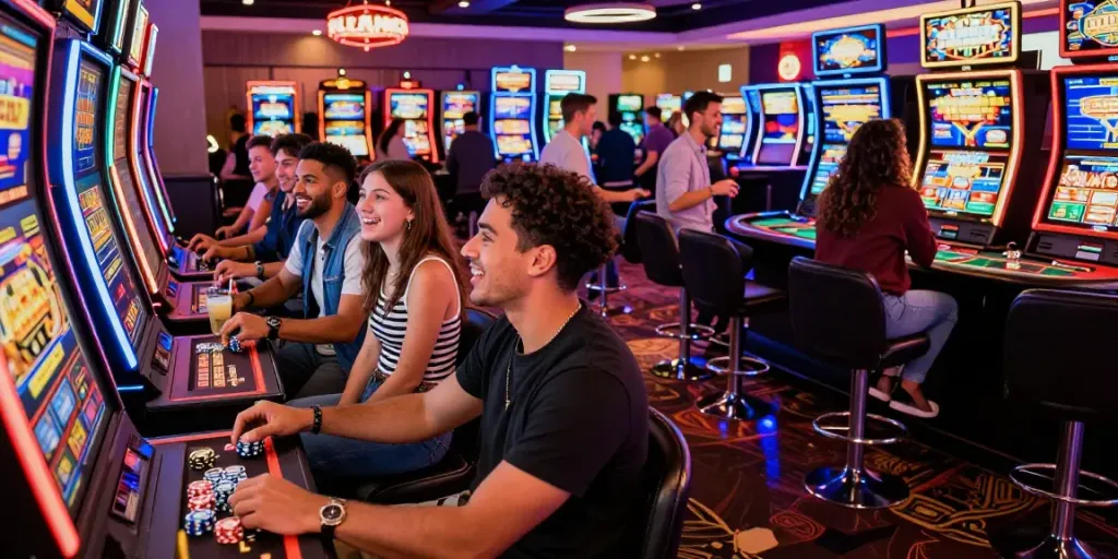 Group enjoying slot888 machines in lively casino setting filled with excitement