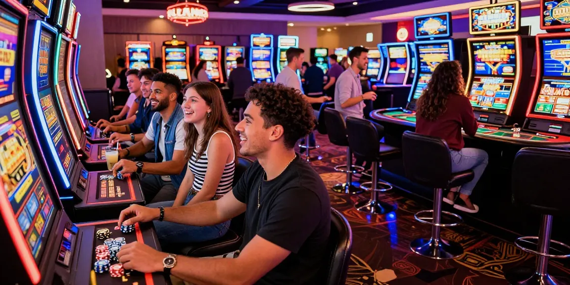 Group enjoying slot888 machines in lively casino setting filled with excitement