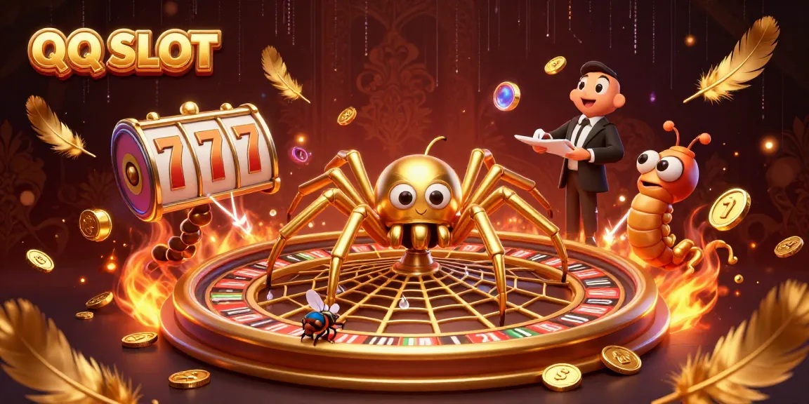 Experience the excitement of QQ SLOT with a golden spider, croupier centipede, and dynamic casino elements.