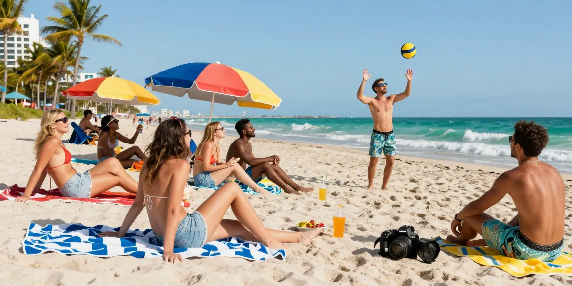 Suasana di pantai Miami4D dengan kelompok teman bersenang-senang di bawah sinar matahari.