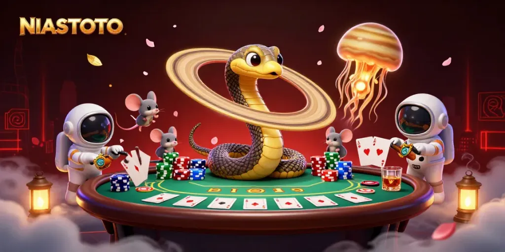 NIASTOTO menghadirkan ilustrasi 3D karakter kartun kasino yang penuh warna dan meriah.