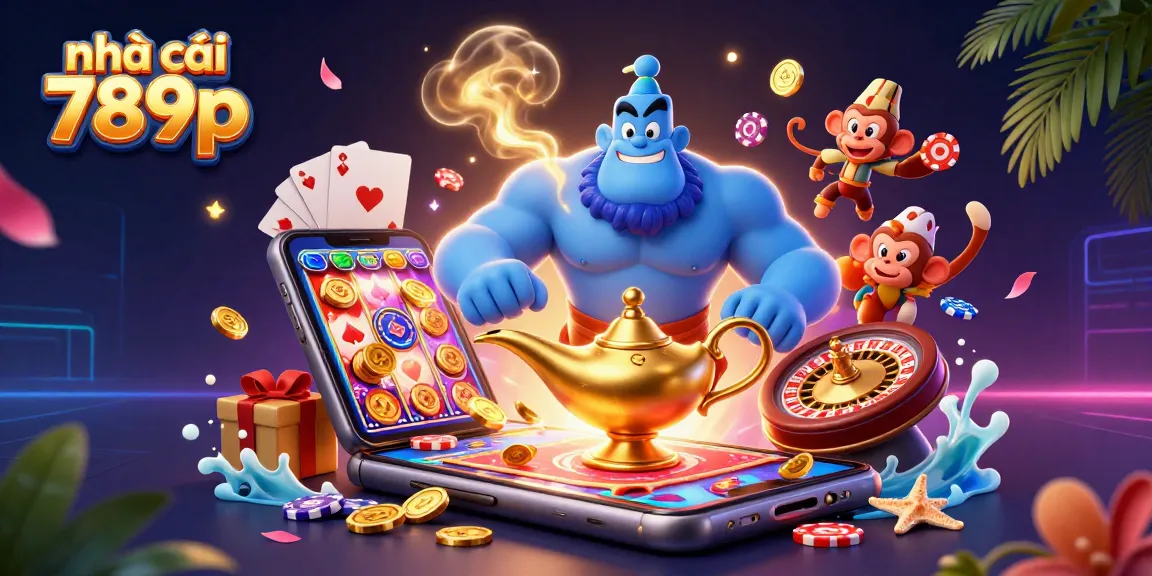 Engage with nhà cái 789p in a vibrant 3D casino scene showcasing exciting slot games and dynamic characters.
