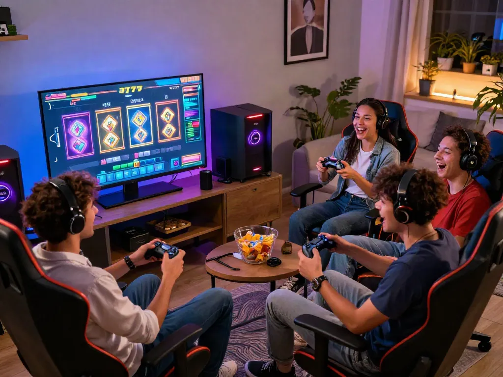 Friends enjoying a lively gaming session with slot777 games in a modern setup.