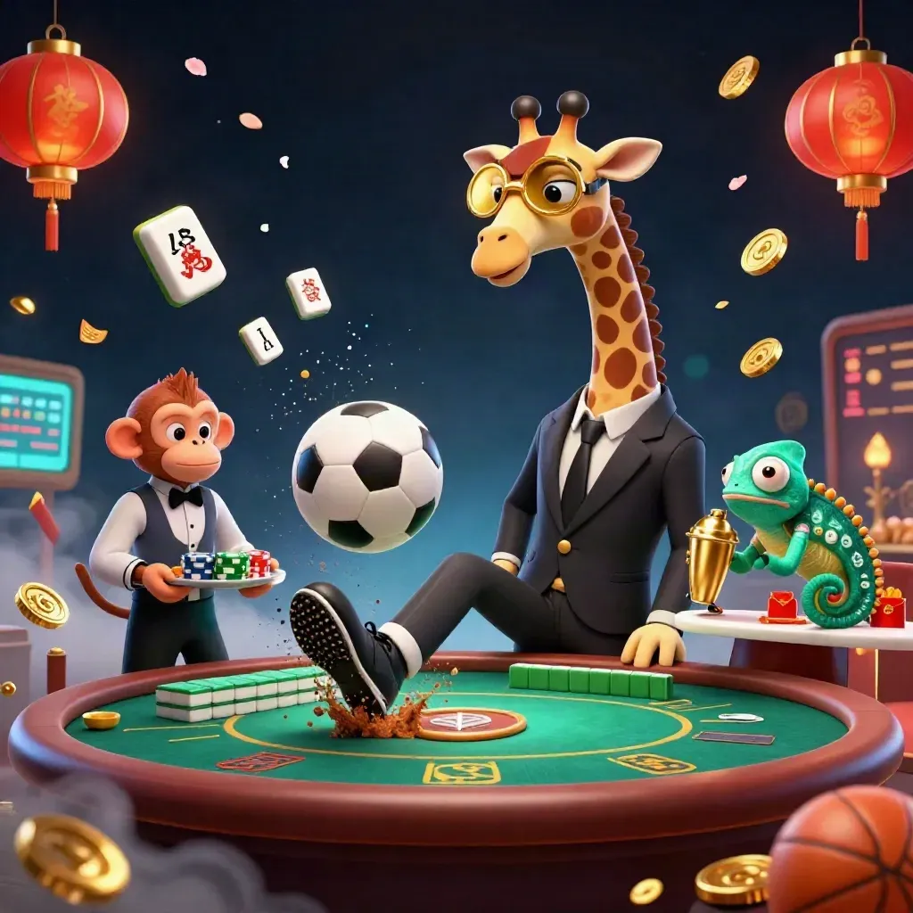 Low-angle soccer ball blast with luxe casino mascots, chips, lanterns, and navy-gold glow.