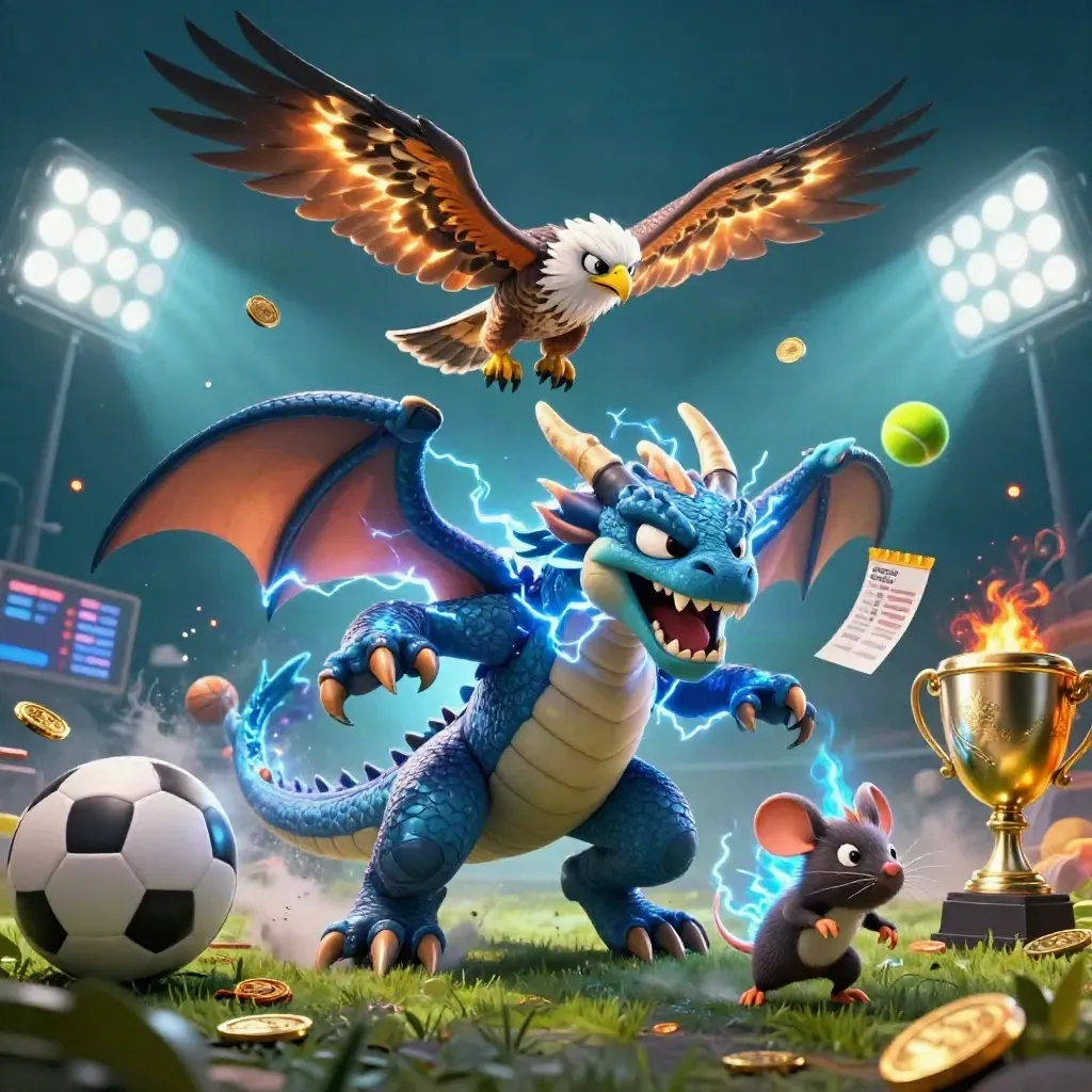 Thunder dragon, winged hawk and static mouse explode with sports balls, trophy and casino glow.