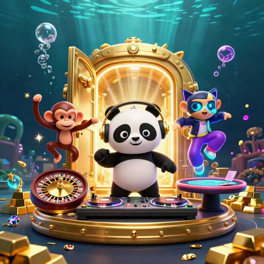 DJ panda, dancing monkey, and glow-stick kitten amid gold, gems, and underwater casino lights.