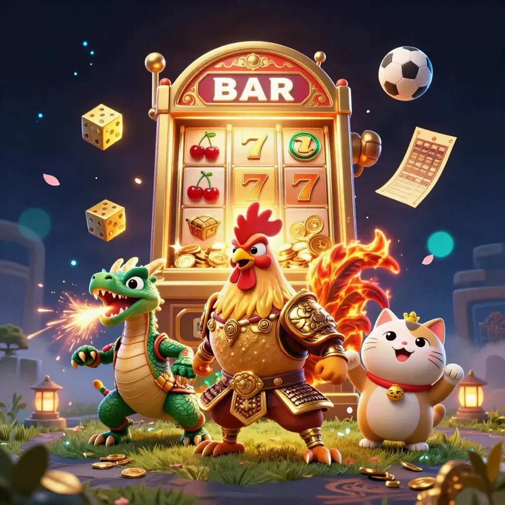 Rooster warrior, spark-breathing hatchling and fortune cat amid exploding slots and sports balls.